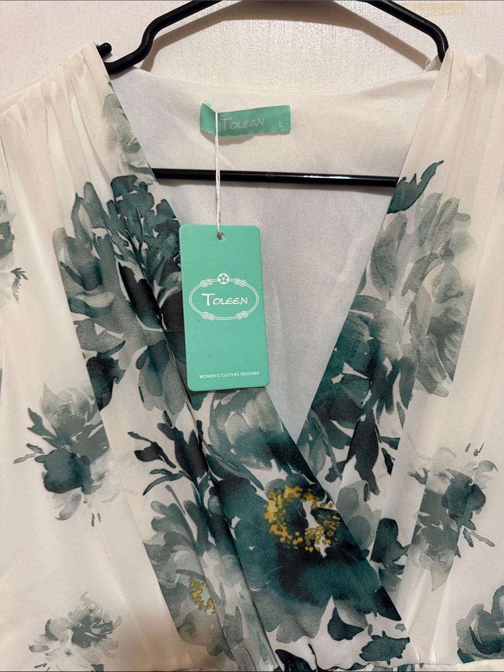 White Maxi Dress with Teal Floral Print - Picture 3 of 5